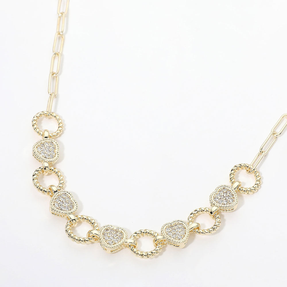 14K Gold Plated CZ Heart Link Paperclip Chain Necklace