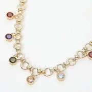 14K Gold Plated Colorful Round CZ Charm Station Chunky Chain Necklace