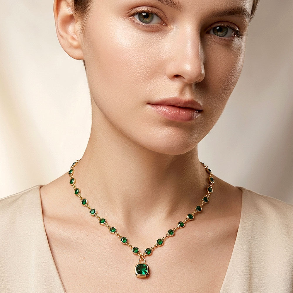 Square Stone Pendant Accent Round Bezel Link Necklace