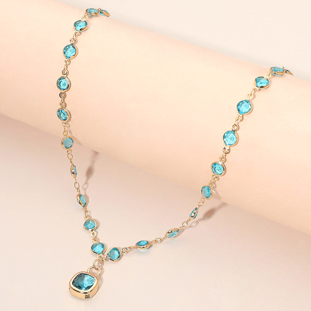 Square Stone Pendant Accent Round Bezel Link Necklace