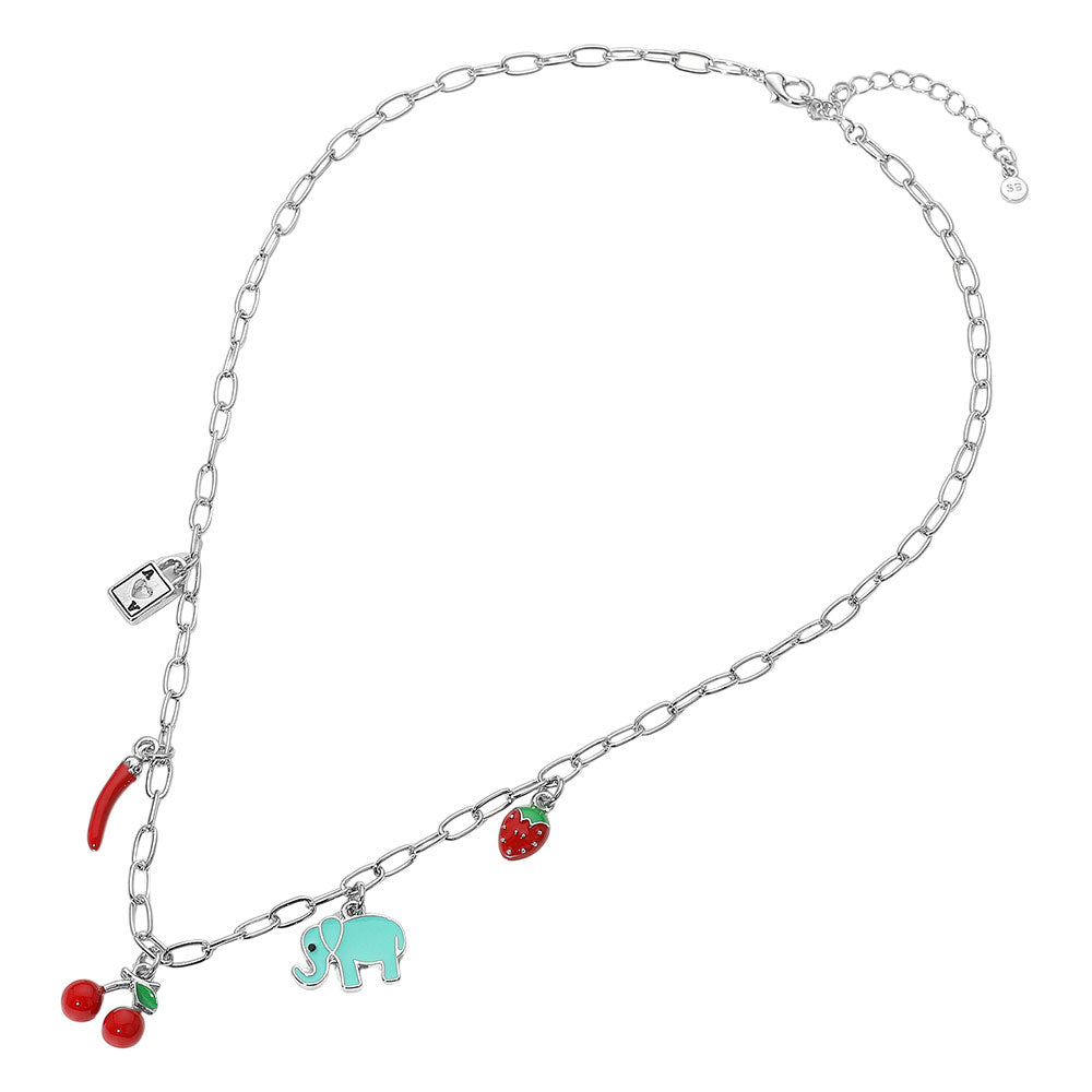 SECET BOX_Sterling Silver Dipped Cherry Elephant Chili Strawberry Lock Charm Station Paperclip Chain Necklace