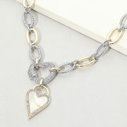 Two Tone 14K Gold Plated CZ Pave Heart Pendant Oval Link Statement Necklace