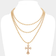 SECRET BOX_Stone Pointed Cross Pendant Bubble Chain Triple Layered Necklace