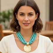 Bold Hammered Disc Plate Pendant Accent Multi Strand Beaded Statement Necklace