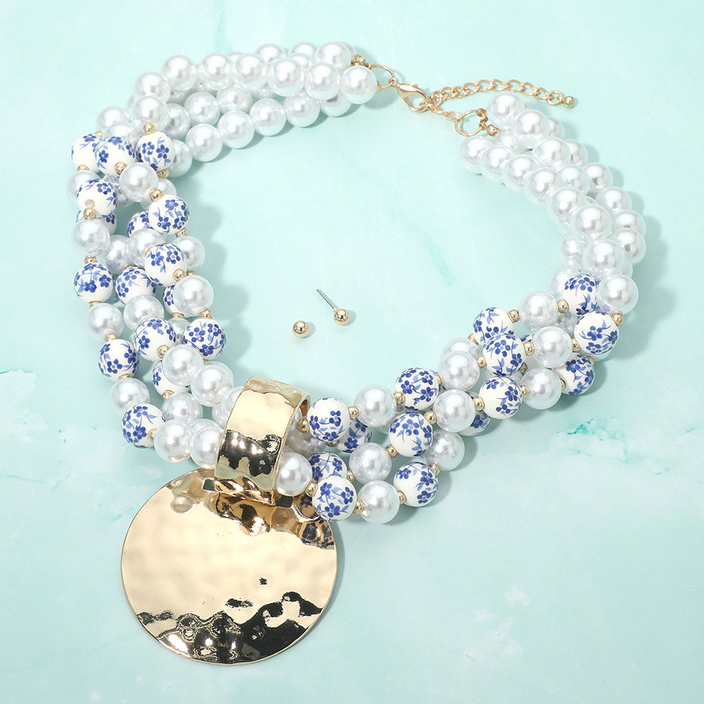 Bold Hammered Disc Plate Pendant Accent Multi Strand Pearl Floral Ceramic Ball Beaded Statement Necklace