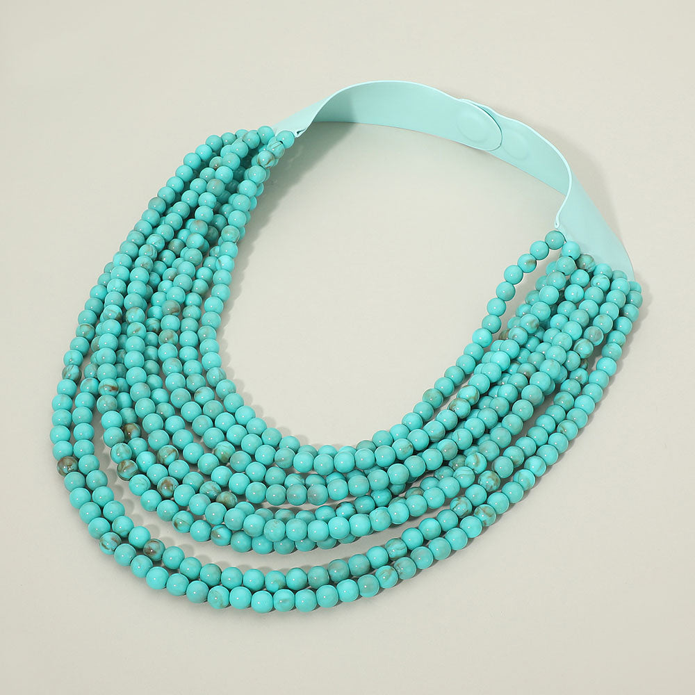 Marbled Ball Beaded Multi Layered Faux Leather Magnetic Necklace
