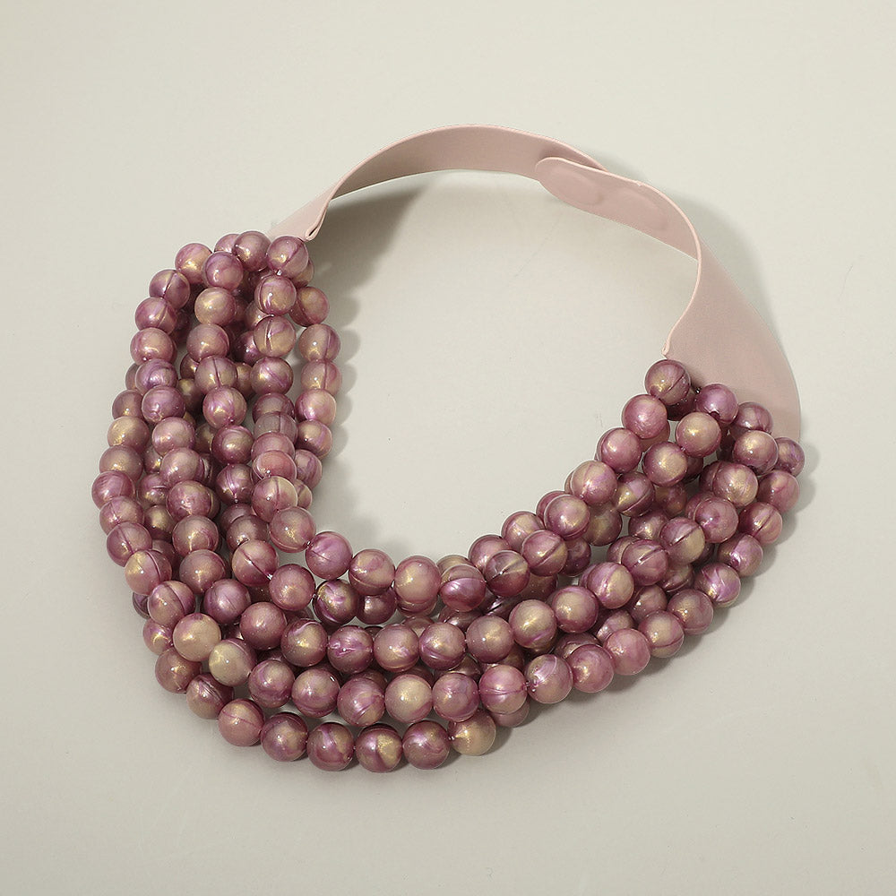 Marbled Ball Beaded Multi Layered Faux Leather Magnetic Collar Necklace