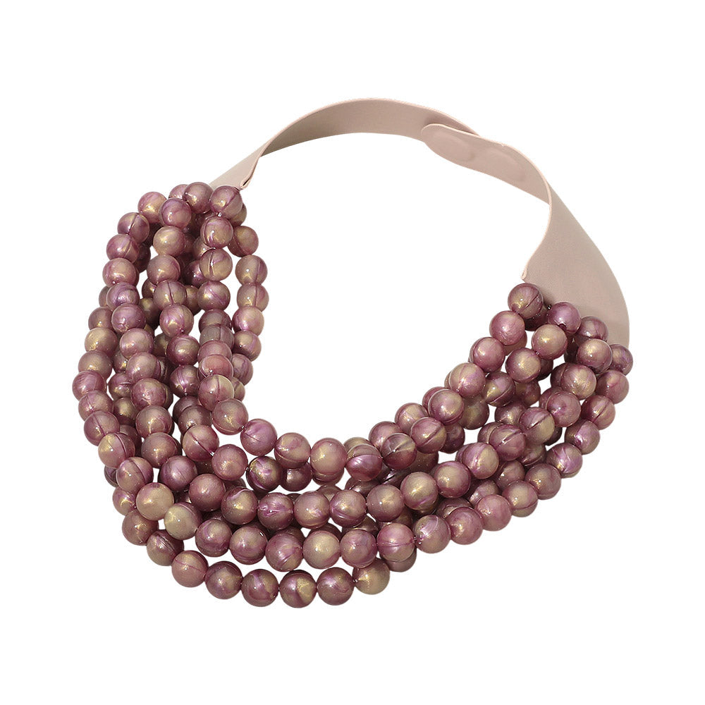 Marbled Ball Beaded Multi Layered Faux Leather Magnetic Collar Necklace