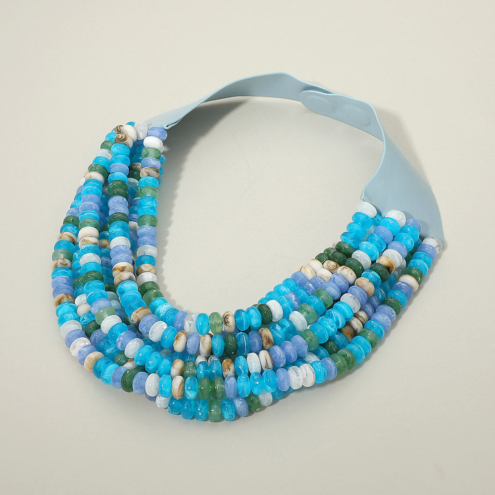 Multi Layered Flat Beaded Faux Leather Magnetic Collar Necklace