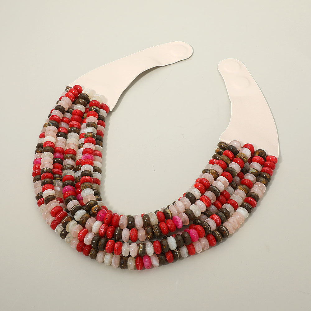 Multi Layered Flat Beaded Faux Leather Magnetic Collar Necklace