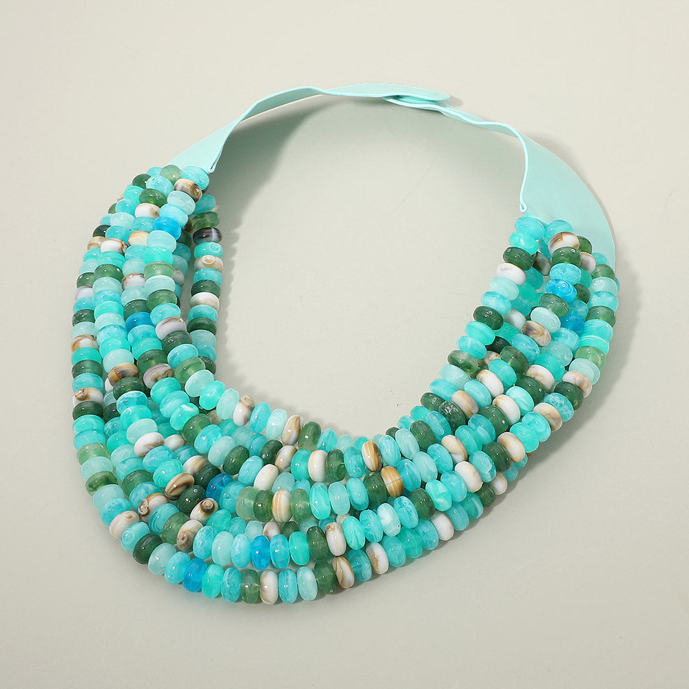 Multi Layered Flat Beaded Faux Leather Magnetic Collar Necklace