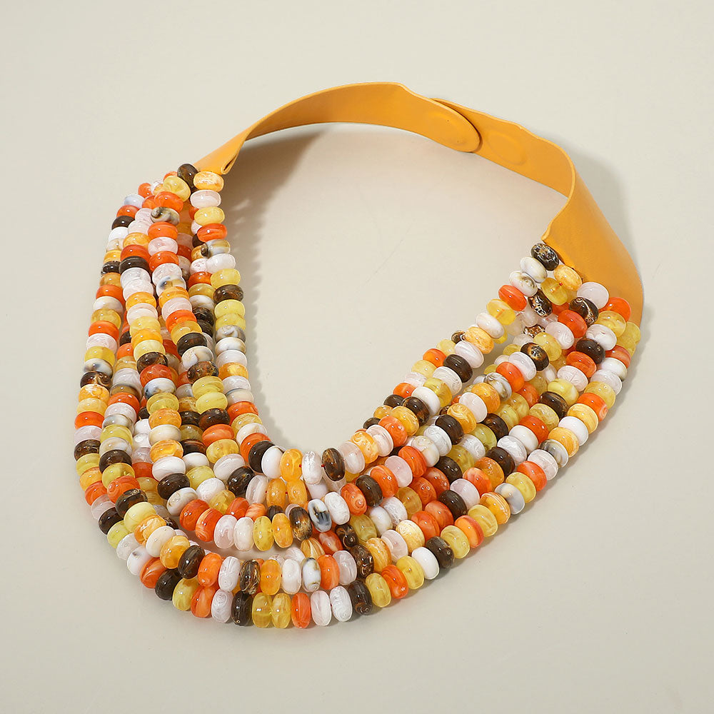 Multi Layered Flat Beaded Faux Leather Magnetic Collar Necklace