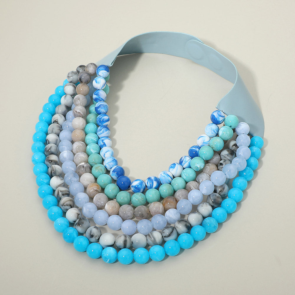 Multi Strand Marbled Ball Beaded Faux Leather Magnetic Necklace
