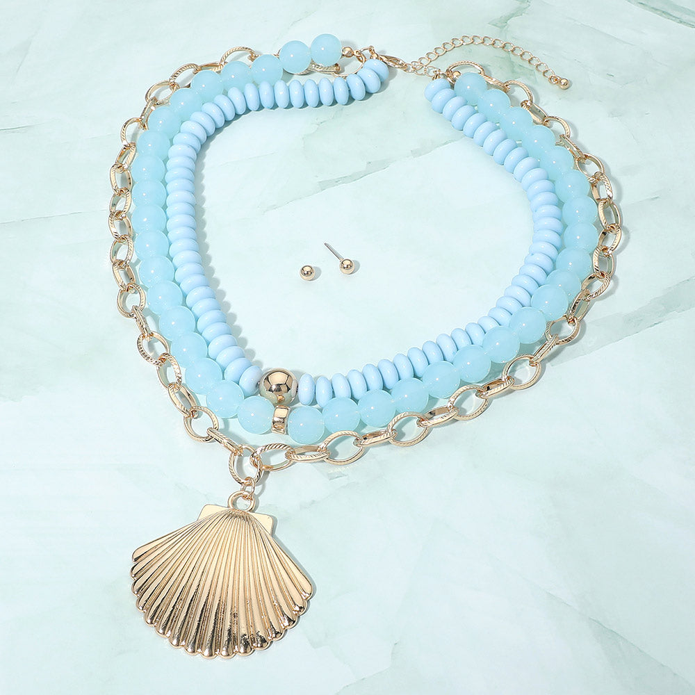 Bold Seashell Pendant Accent Multi Layered Beaded Chain Statement Necklace