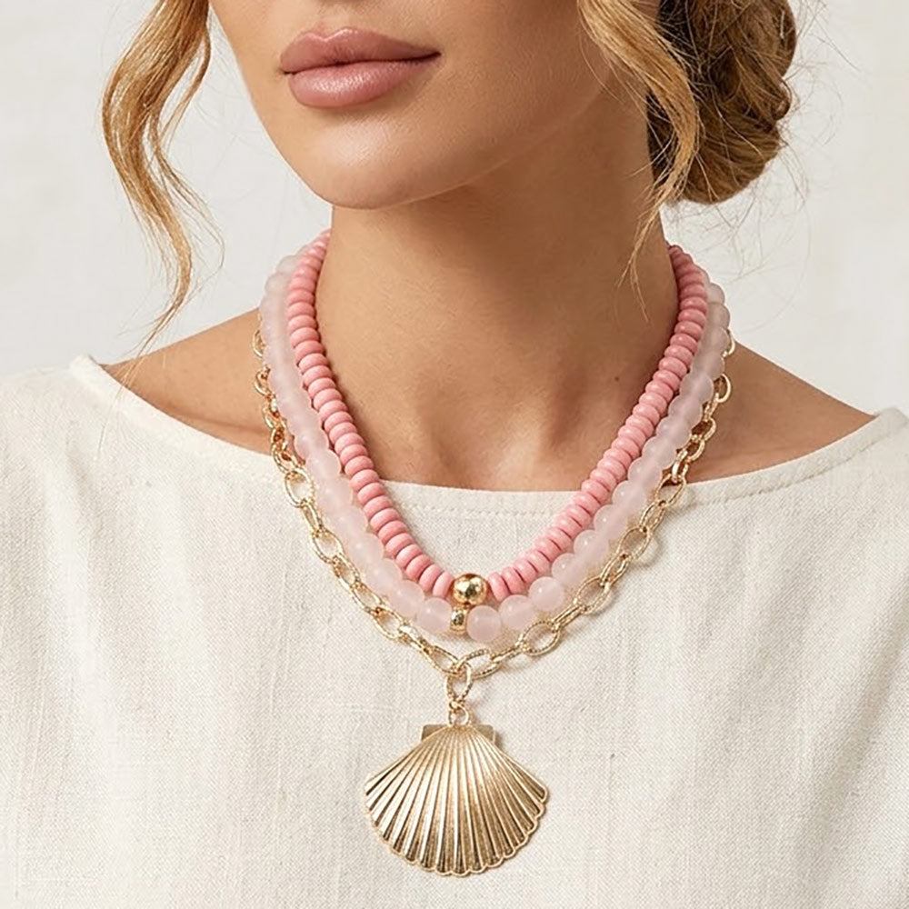 Bold Seashell Pendant Accent Multi Layered Beaded Chain Statement Necklace
