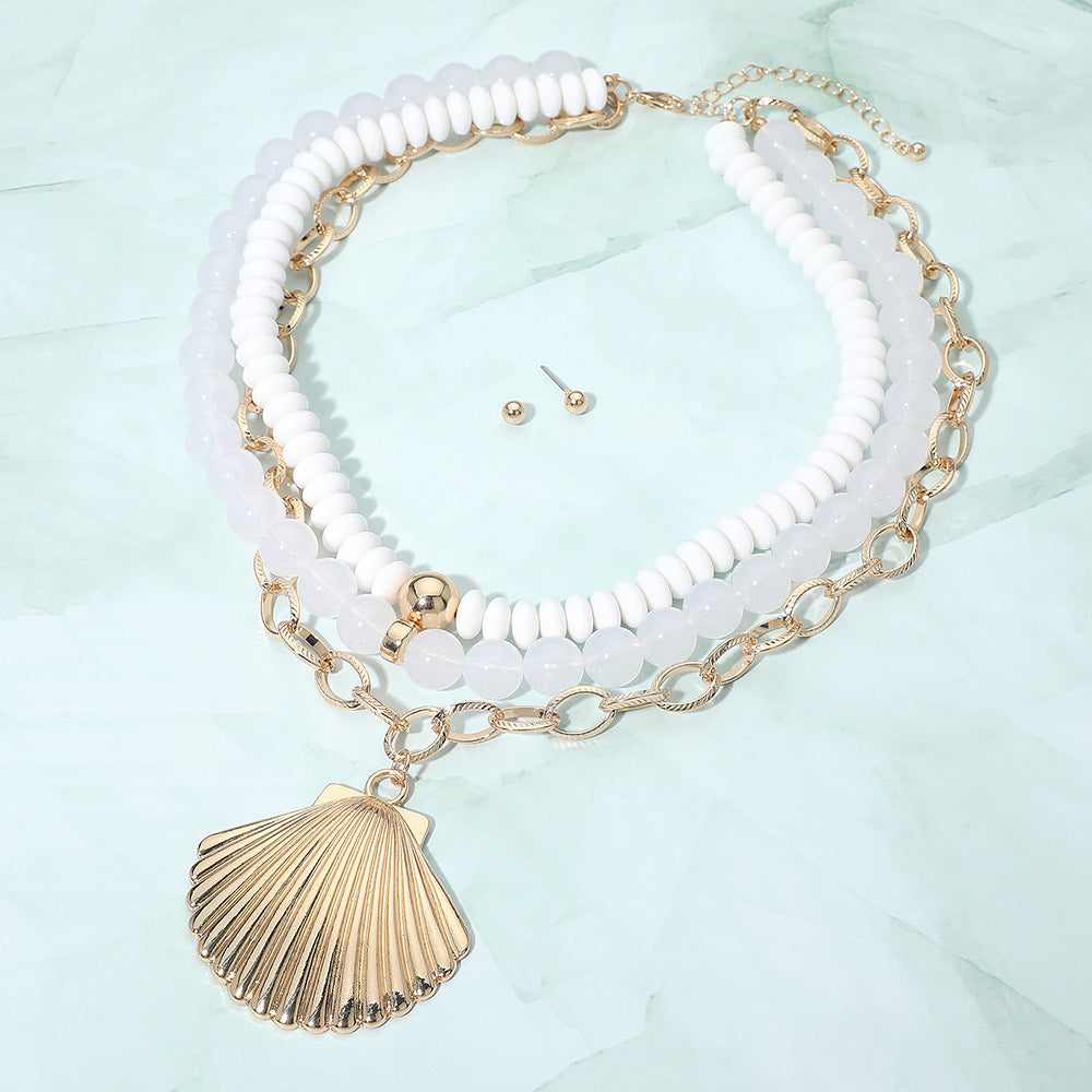 Bold Seashell Pendant Accent Multi Layered Beaded Chain Statement Necklace