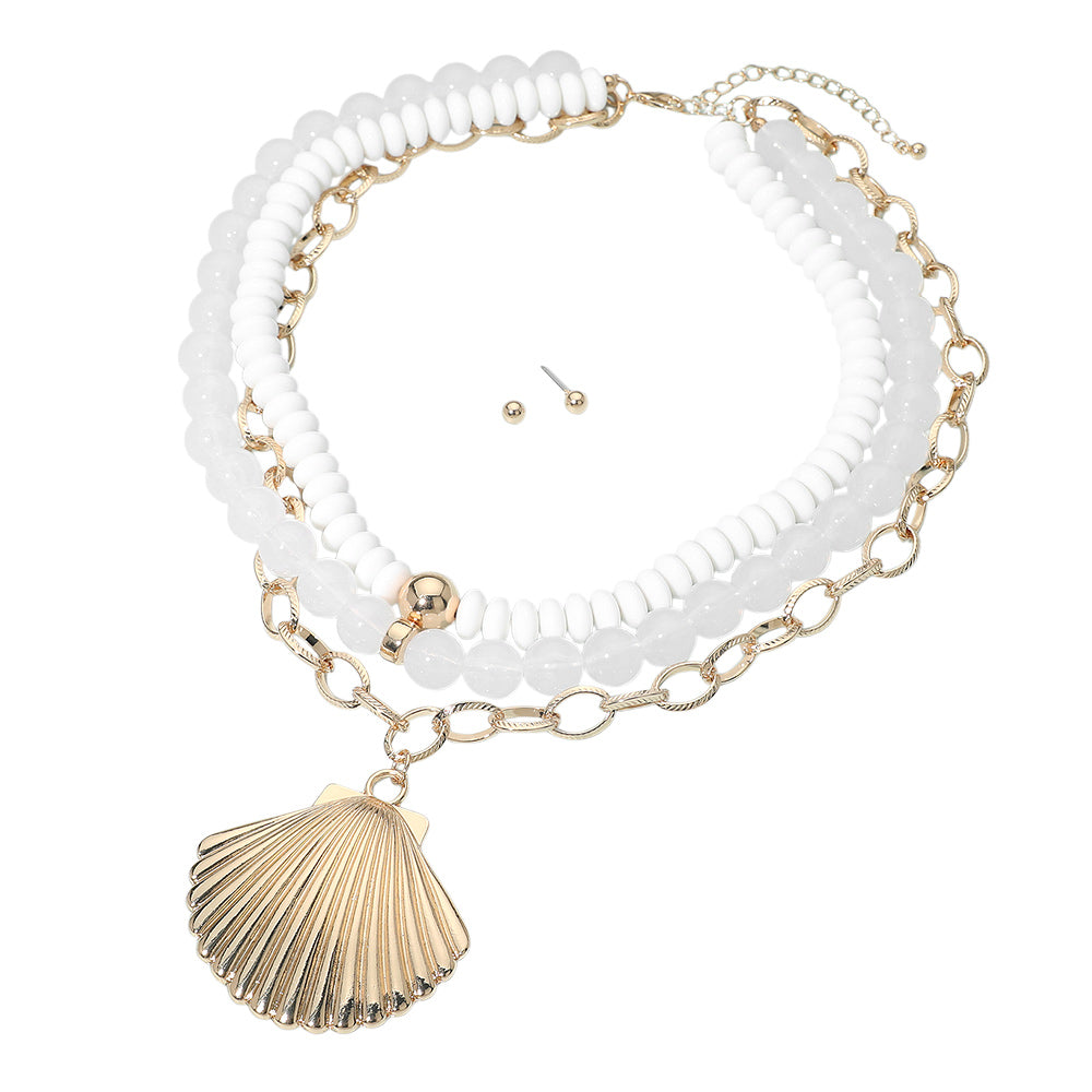 Bold Seashell Pendant Accent Multi Layered Beaded Chain Statement Necklace