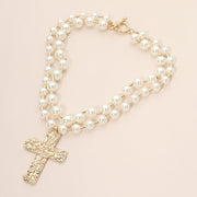 Bold Hammered Metal Cross Pendant Pearl Beaded Layered Necklace