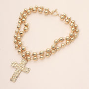 Bold Hammered Metal Cross Pendant Beaded Layered Necklace