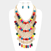 Rainbow Round Wood Metal Disc Cluster Statement Necklace