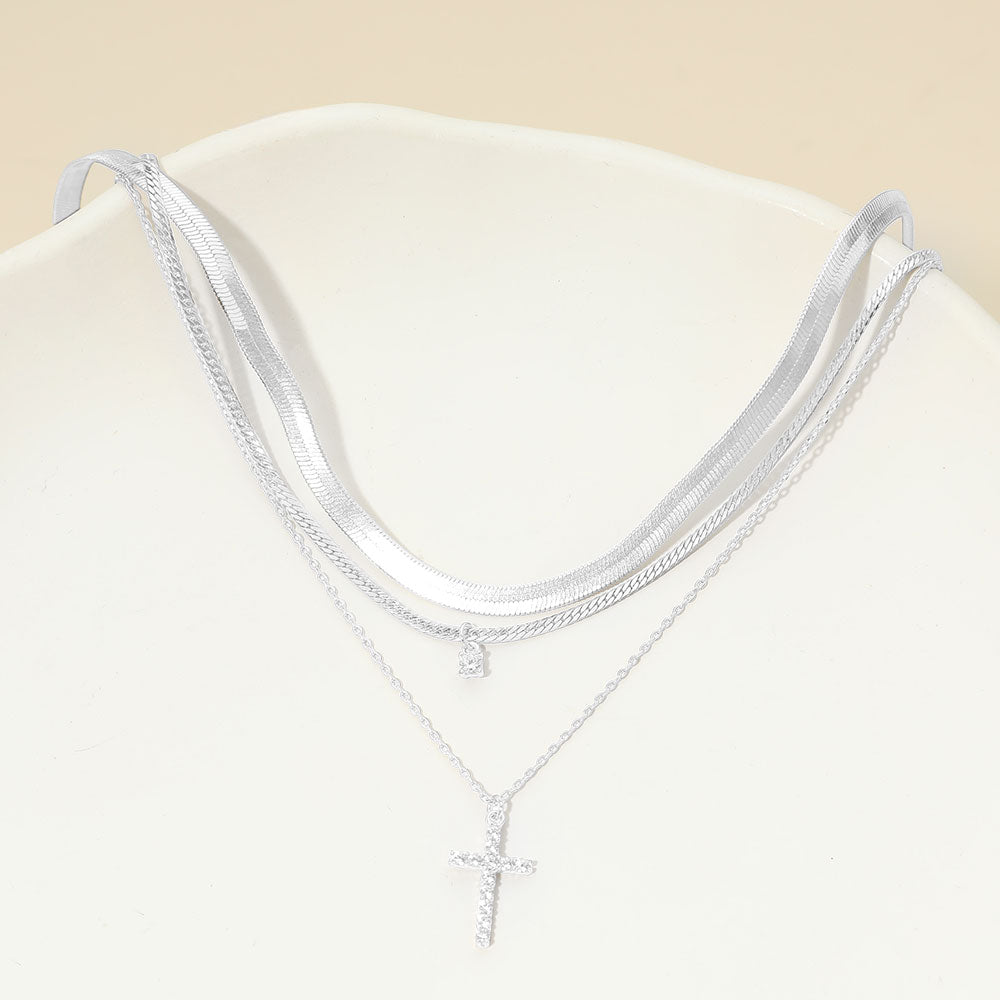 White Gold Dipped Stone Pave Cross Pendant Accent Layered Herringbone Chain Necklace