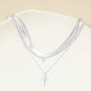 White Gold Dipped Stone Pave Cross Pendant Accent Layered Herringbone Chain Necklace
