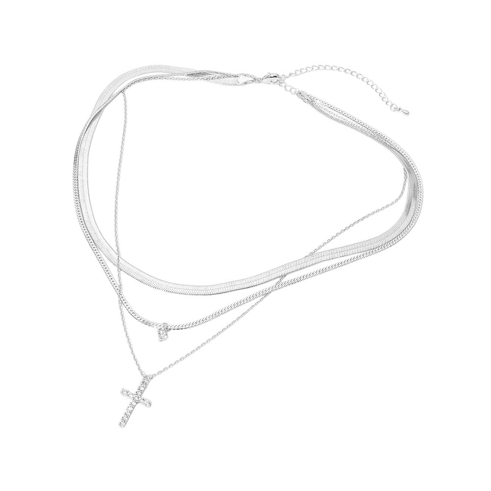 White Gold Dipped Stone Pave Cross Pendant Accent Layered Herringbone Chain Necklace
