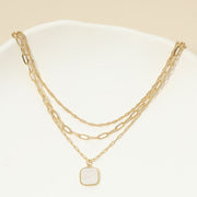 18K Gold Dipped Square Pendant Accent Mixed Paperclip Chain Layered Necklace
