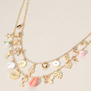 Metal Key Fish Bow Heart Butterfly Leaf Puka Shell Pearl Flower XO Evil Eye Charm Station Double Layered Necklace