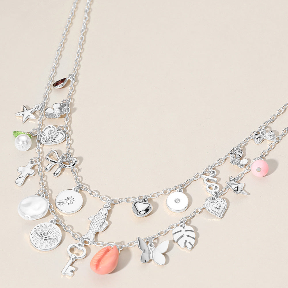 Metal Key Fish Bow Heart Butterfly Leaf Puka Shell Pearl Flower XO Evil Eye Charm Station Double Layered Necklace