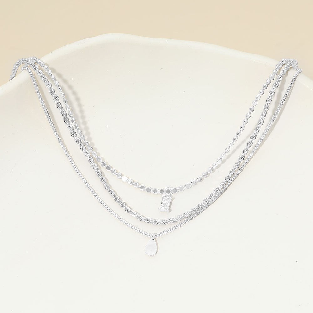 White Gold Dipped Teardrop Stone Bezel Pendant Accent Mixed Chain Layered Necklace