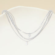 White Gold Dipped Teardrop Stone Bezel Pendant Accent Mixed Chain Layered Necklace