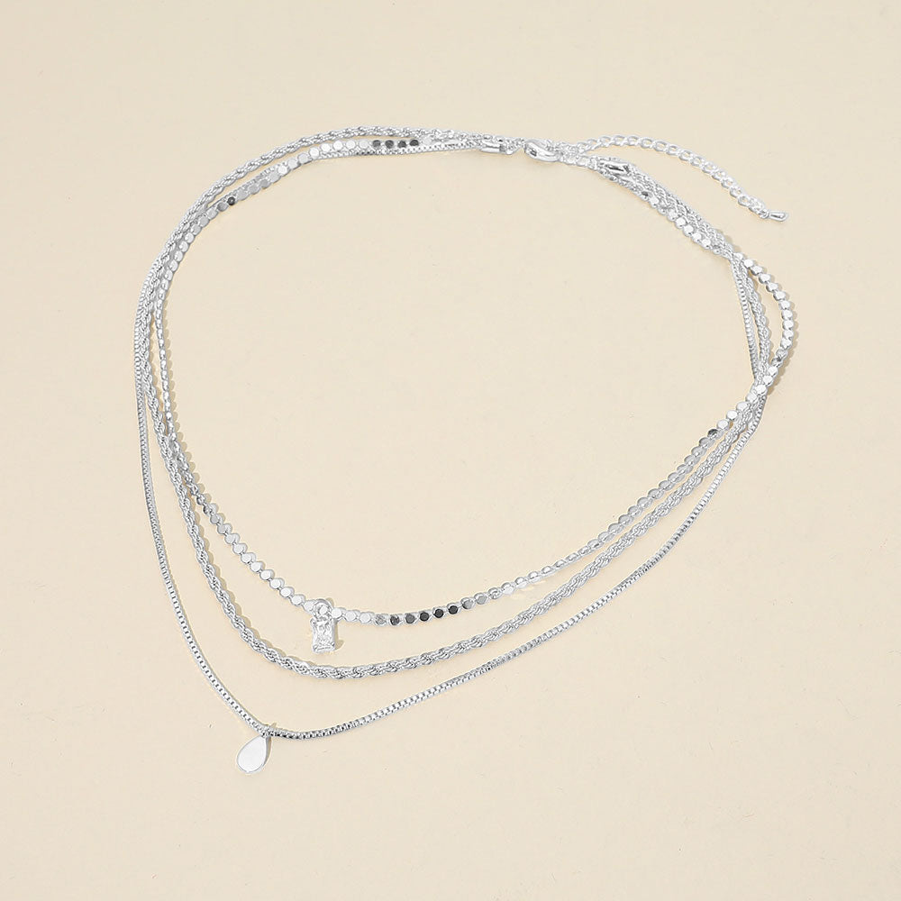 White Gold Dipped Teardrop Stone Bezel Pendant Accent Mixed Chain Layered Necklace