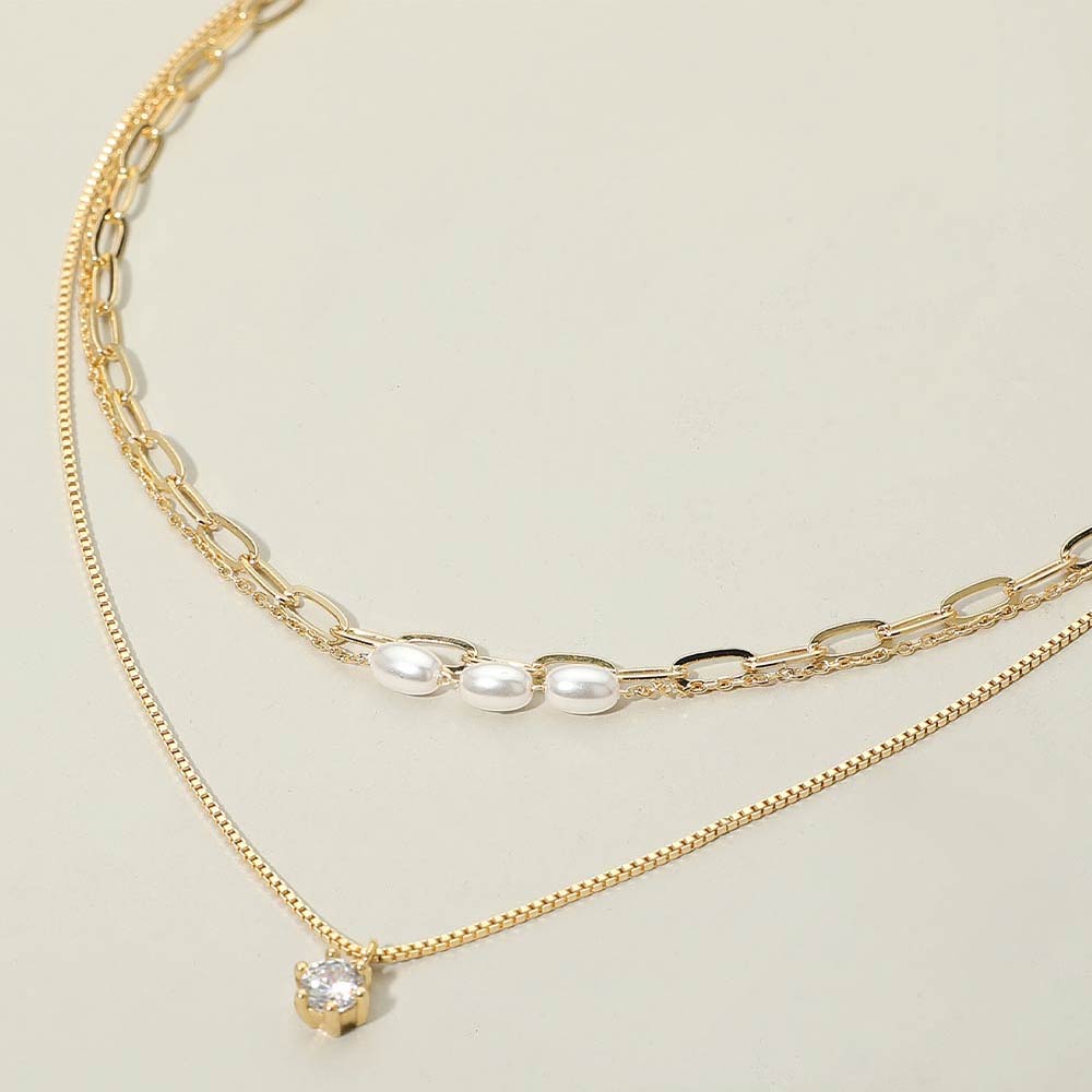 Stone Cluster Pendant Accent Pearl Beaded Paperclip Chain Layered Necklace