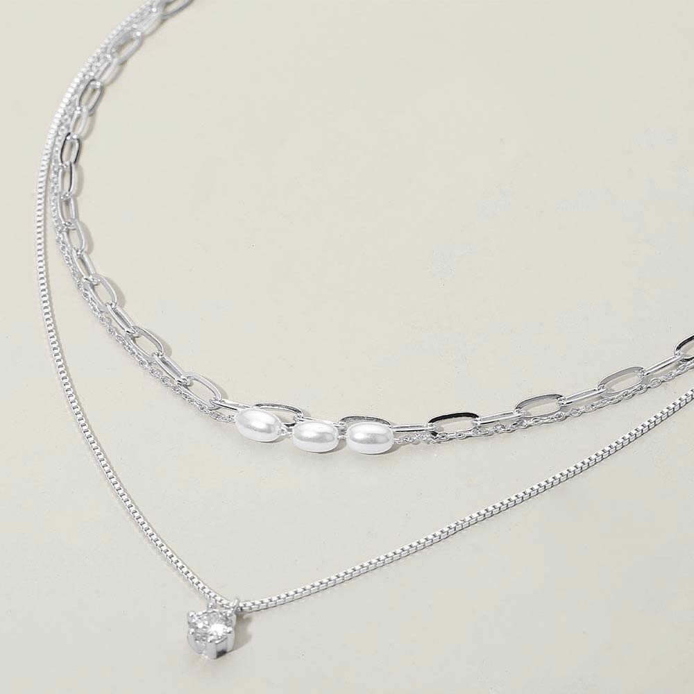 Stone Cluster Pendant Accent Pearl Beaded Paperclip Chain Layered Necklace