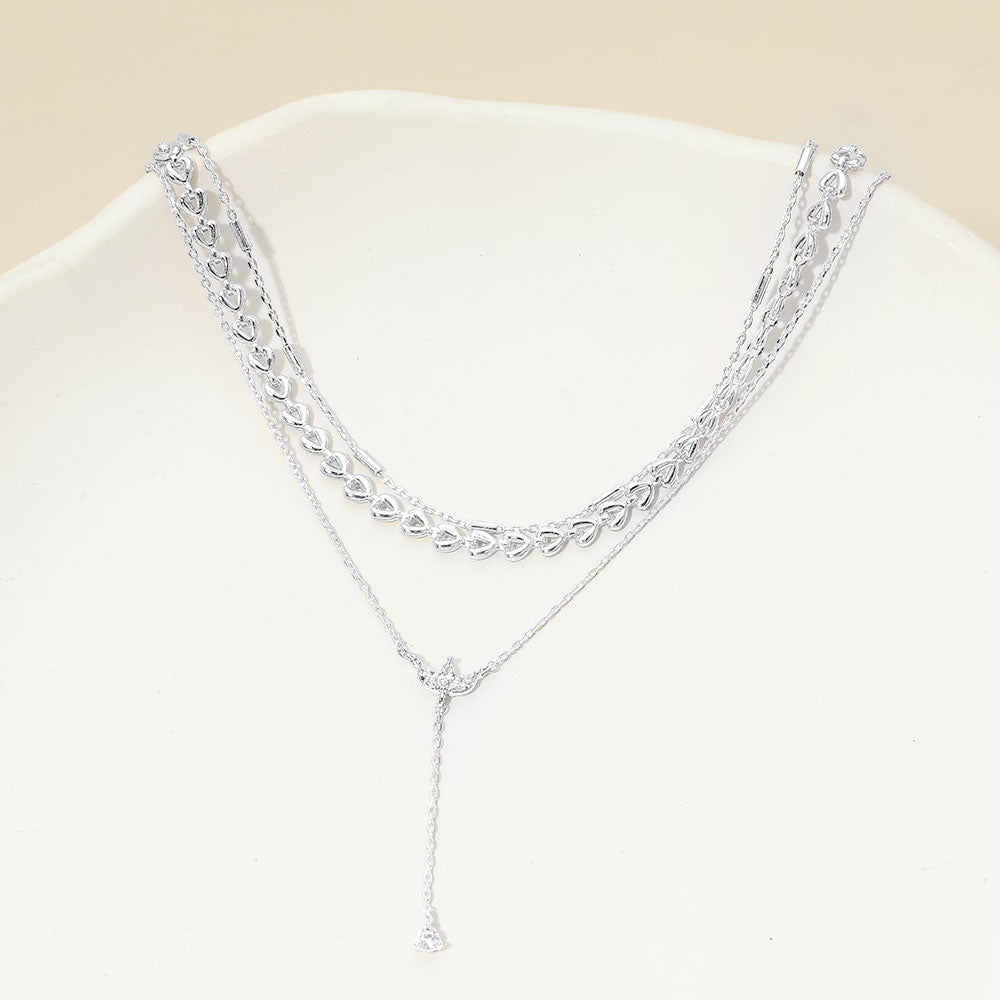 White Gold Dipped Marquise Stone Cluster Triangle Cluster Lariat Drop Accent Mixed Chain Layered Necklace