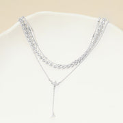 White Gold Dipped Marquise Stone Cluster Triangle Cluster Lariat Drop Accent Mixed Chain Layered Necklace