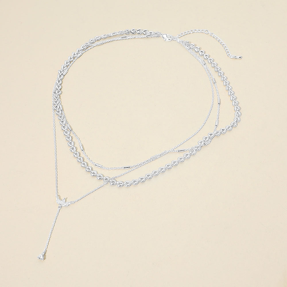 White Gold Dipped Marquise Stone Cluster Triangle Cluster Lariat Drop Accent Mixed Chain Layered Necklace