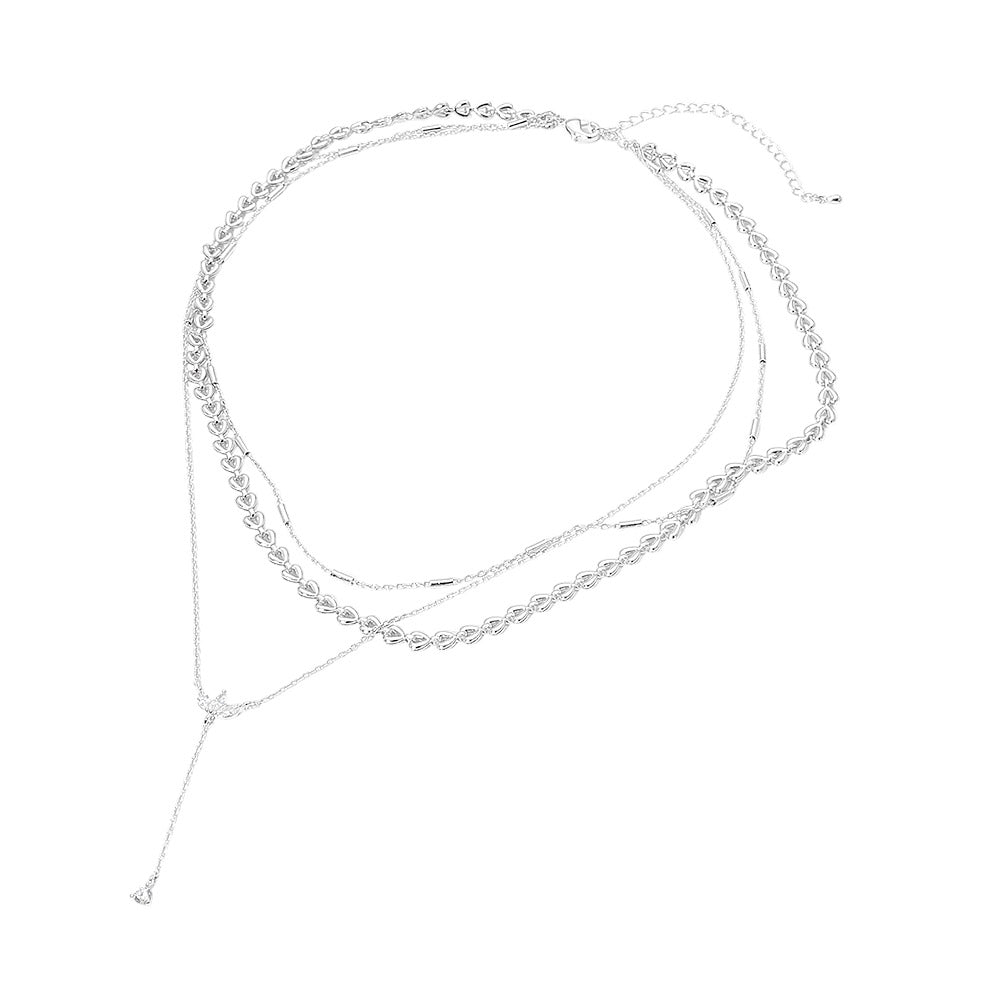 White Gold Dipped Marquise Stone Cluster Triangle Cluster Lariat Drop Accent Mixed Chain Layered Necklace