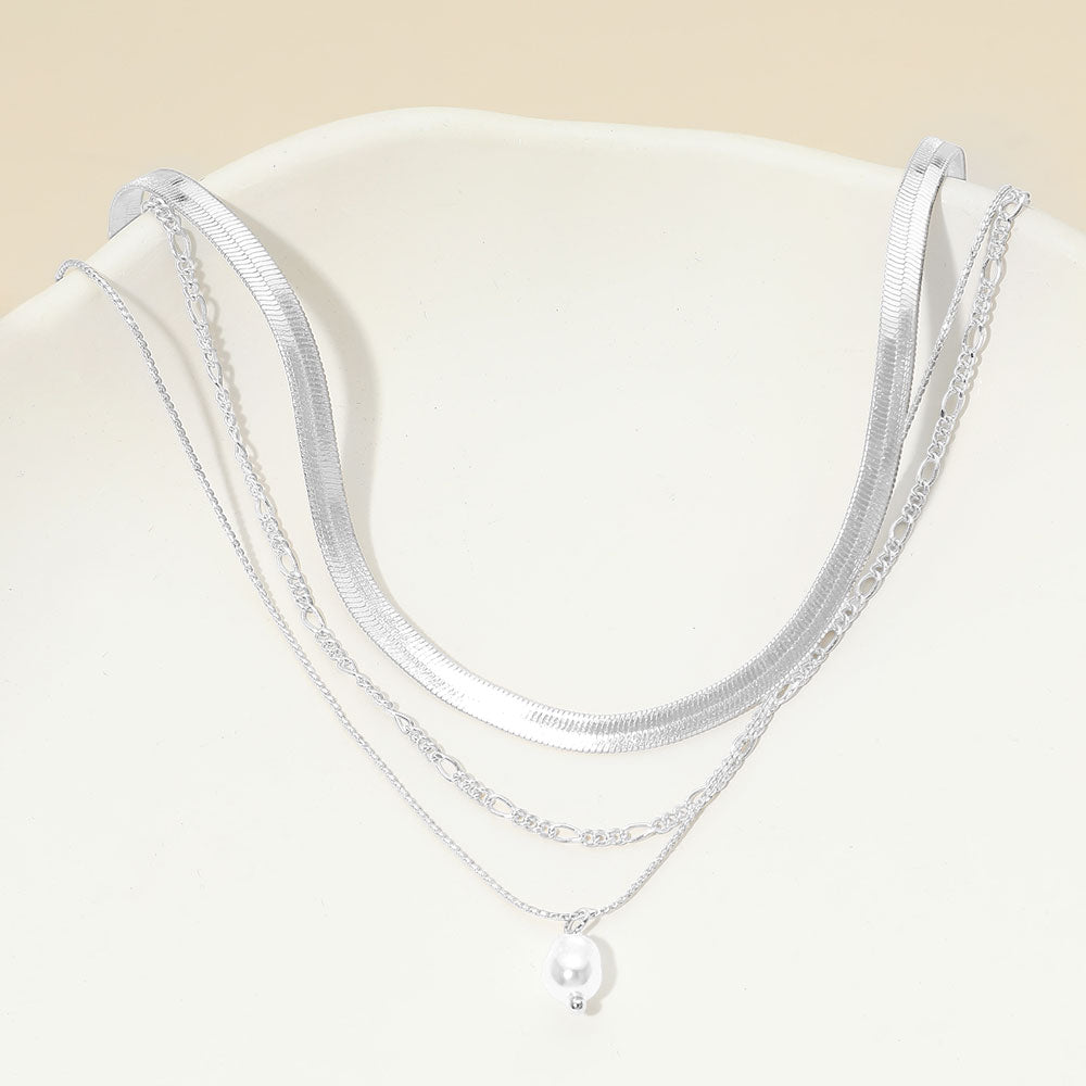 White Gold Dipped Pearl Accent Herringbone Chain Layered Necklace