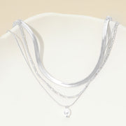 White Gold Dipped Pearl Accent Herringbone Chain Layered Necklace