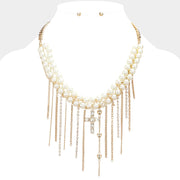 Stone Paved Cross Pointed Metal Heart Chain Fringe Beaded Pearl Layered Necklace
