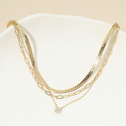 18K Gold Dipped Stone Pave Square Pendant Accent Herringbone Paperclip Chain Layered Necklace
