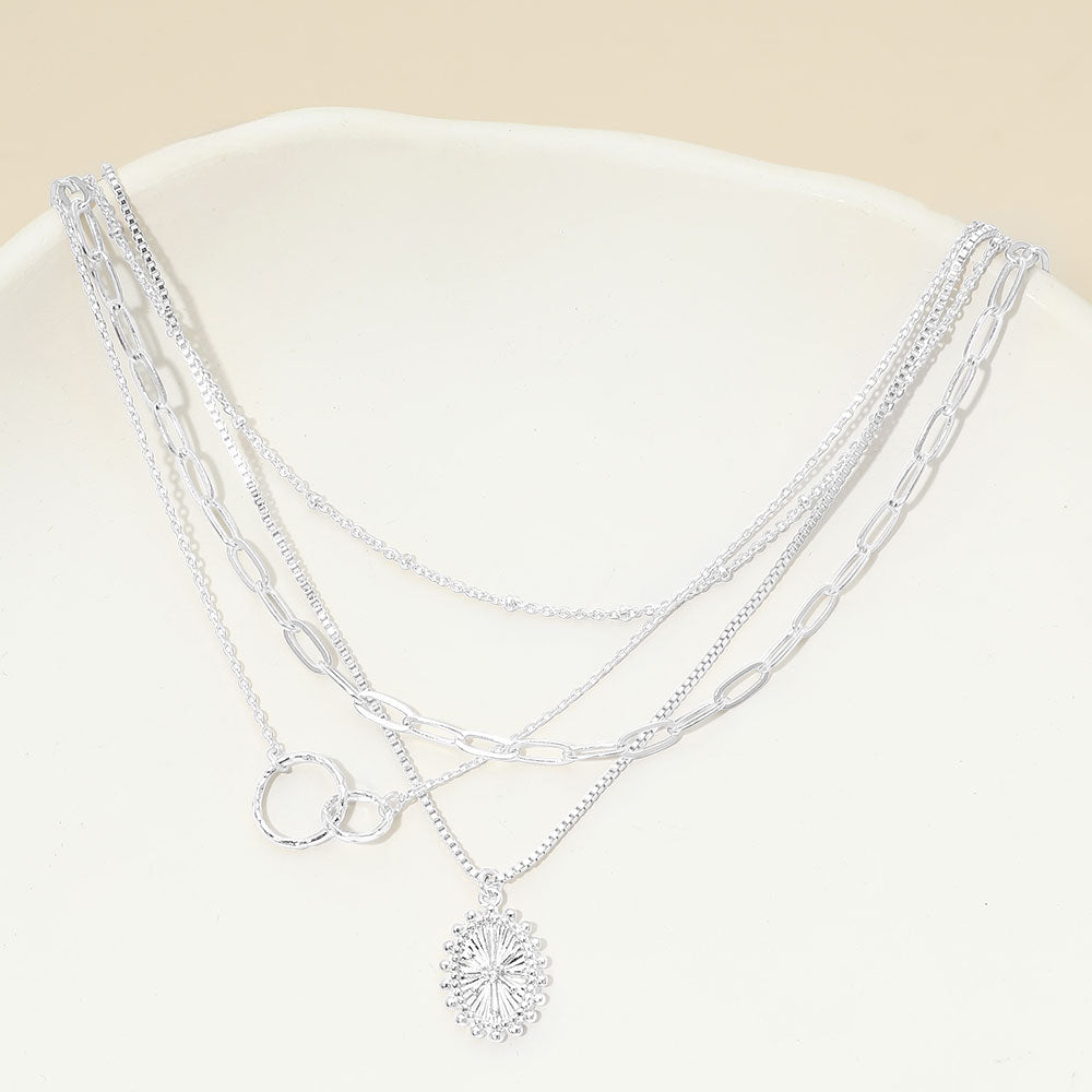 White Gold Dipped Oval Sunburst Charm Accent Mixed Chain Layered Necklace