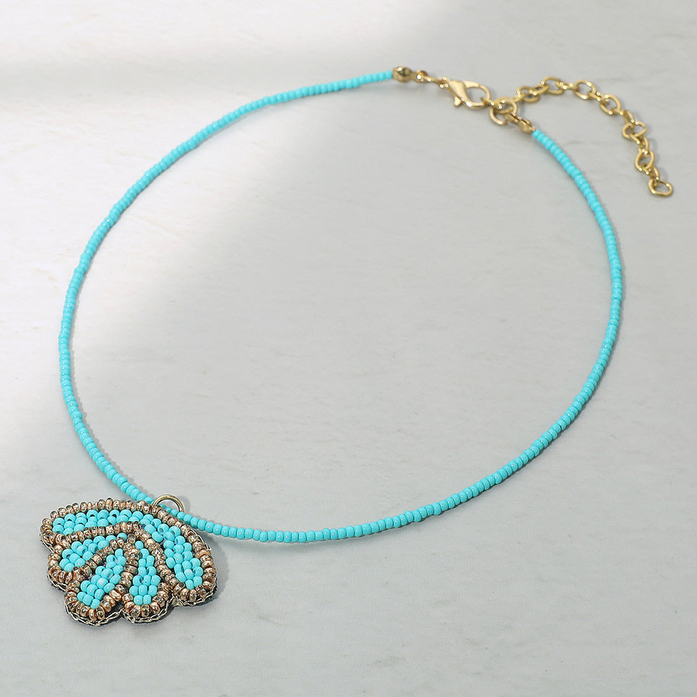 Felt Back Seed Beaded Shell Pendant Necklace