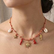 Stainless Steel Sunburst Coral Seahorse Shell Starfish Charm Station Braided Thread Necklace