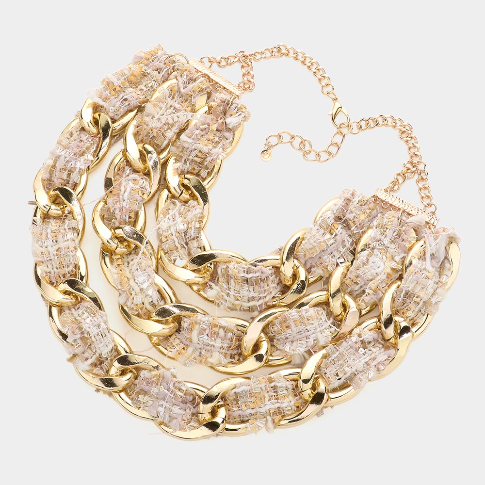 Tweed Fabric Metal Chain Link Triple Layered Bib Necklace