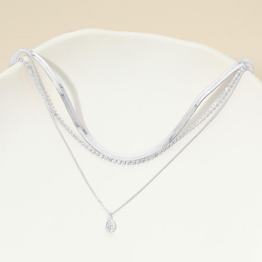 White Gold Dipped Teardrop Stone Bezel Accent Herringbone Chain Layered Necklace