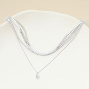 White Gold Dipped Teardrop Stone Bezel Accent Herringbone Chain Layered Necklace