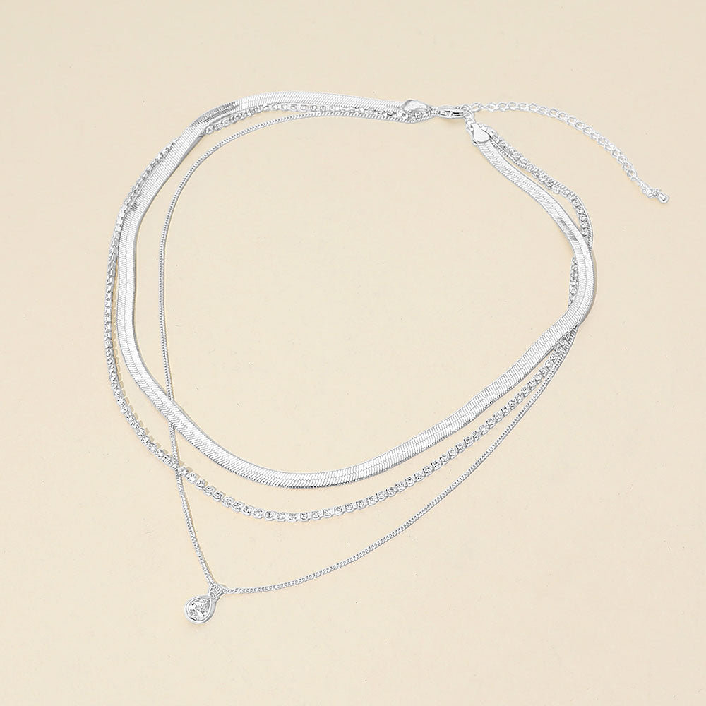 White Gold Dipped Teardrop Stone Bezel Accent Herringbone Chain Layered Necklace